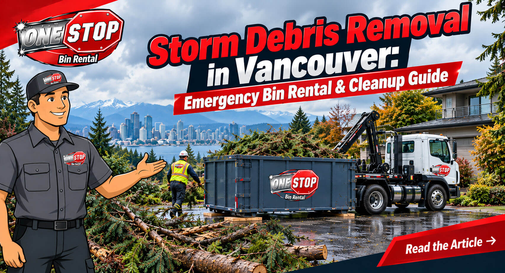 Onestop Bin Rental truck and container clearing fallen branches after a windstorm in Vancouver, with a worker, storm debris, and the headline "Storm Debris Removal in Vancouver: Emergency Bin Rental & Cleanup Guide"